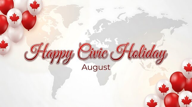Happy Civic Holiday greeting card design with red balloons and a world map background in August
