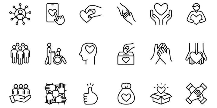 Volunteer Community Care Charity Line Icons Set Editable Vector Illustration Isolated on Transparent Background.