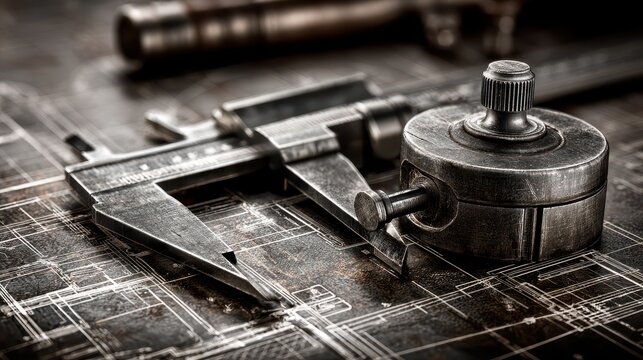 Vintage metal calipers and precision measuring tools resting on technical engineering blueprints