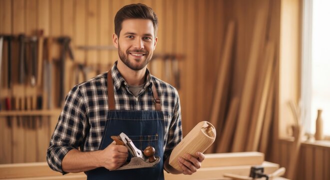smiling male carpenter or woodworker holding a classic wooden hand plane and a carved wood piece inside his workshop