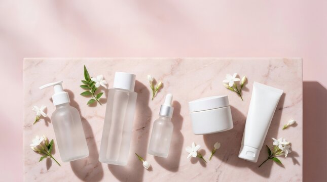 Sophisticated skincare products and flowers on pink marble background, natural beauty concept