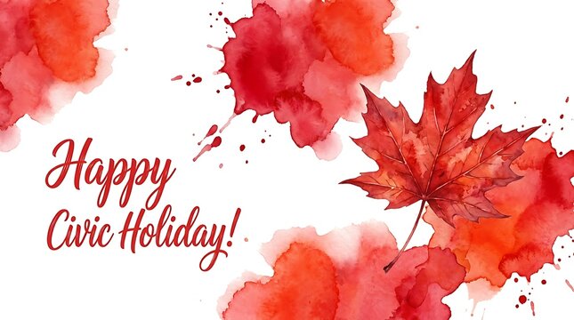 Happy Civic Holiday artistic greeting card with a watercolor maple leaf and red paint splashes