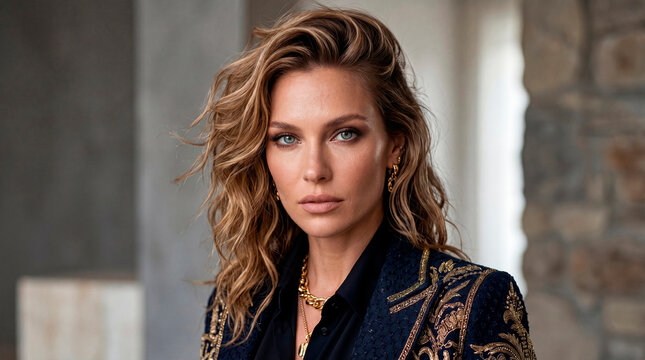Sophisticated studio portrait of a confident mid-30s woman with wavy blonde hair, looking directly at the camera. She is wearing a dark, ornately embroidered luxury blazer with gold patterns, chunky g
