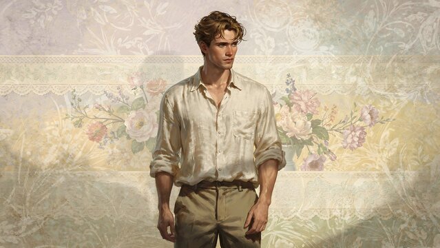 Elegant Young Man Wearing White Linen Shirt and Beige Trousers Standing Before an Ethereal Floral Background in Artistic Style