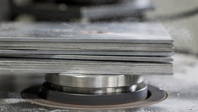 Stacked set of metal blades tightly held by a magnetic chuck in a surface grinding process highlighting industrial precision and uniform flatness across multiple parts.
