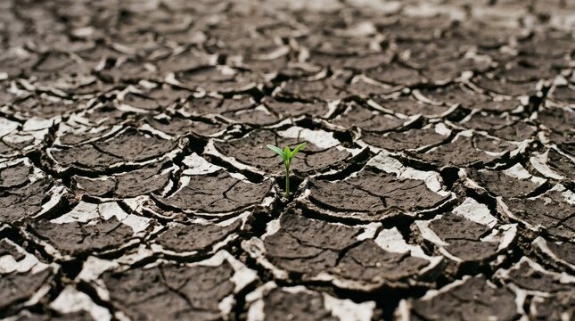A small green sprout grows in cracked dry earth, symbolizing hope and resilience in a barren landscape.