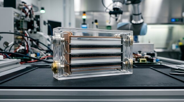 A transparent acrylic fuel cell stack featuring layered copper plates and metallic components displayed on a clean laboratory workbench surface