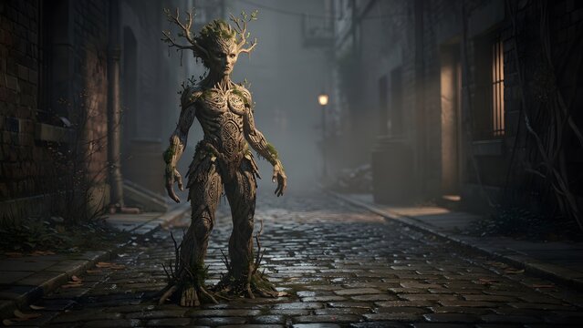 Mysterious Anthropomorphic Wooden Creature Standing in a Dark Misty Ancient Street Alleyway