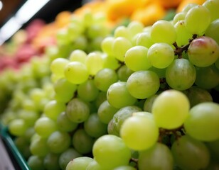 Fototapeta premium Bunches of fresh green grapes fill a market stall display. Brightly lit fruit offers a healthy snack choice. Natural produce ready for sale.