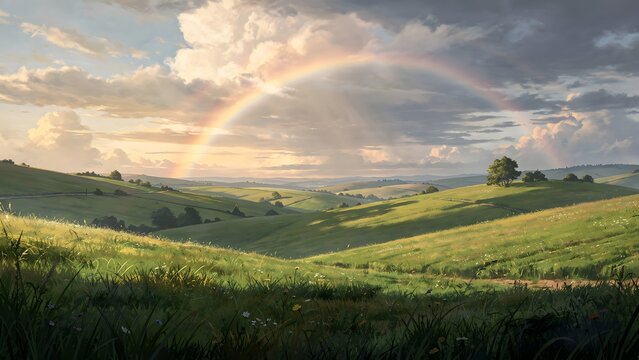 Breathtaking Scenic Landscape Featuring Rolling Green Hills Under A Radiant Rainbow After A Summer Rain Shower