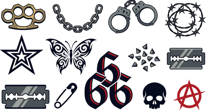 Edgy Punk and Rebel Symbol Collection Featuring Skull, Anarchy Sign, Razor Blade, Handcuffs, Chains and Alternative Tattoo Style Vector Set