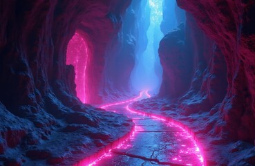 Fototapeta premium Glowing path winds through dark cave tunnels. Neon pink and blue lights illuminate rocky walls. Mysterious underground passage leads to bright light. Digital art.