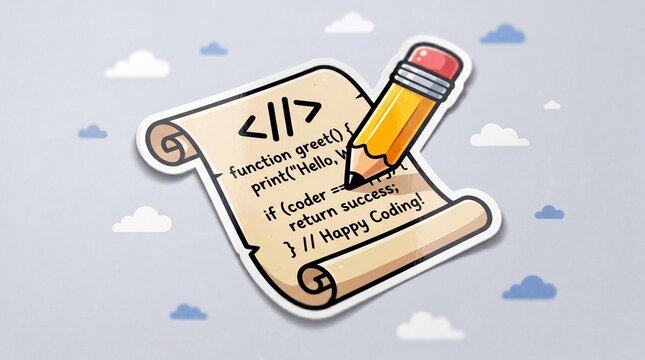 Colorful cartoon illustration of a pencil on a coding scroll with clouds symbolizing happy coding and programming success in a whimsical digital art style