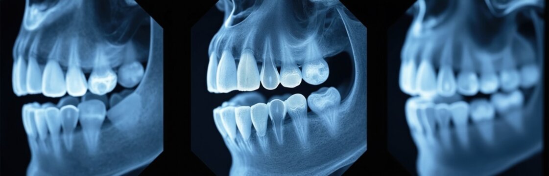 Dental x-ray images display human teeth and jawbone structure. Views show tooth roots, enamel, and bone detail. Diagnostic imaging for dental health checks and treatment planning.