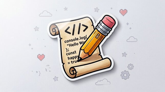 Colorful coding sticker with pencil on scroll paper and heart symbols conveying happiness and learning