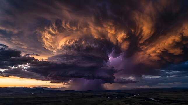 A massive supercell thunderstorm cloud formation displays intense swirling textures with glowing orange sunset light and deep purple electric lightning