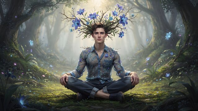 Man Meditating in Enchanted Forest with Blue Floral Antlers Spiritual Connection Concept