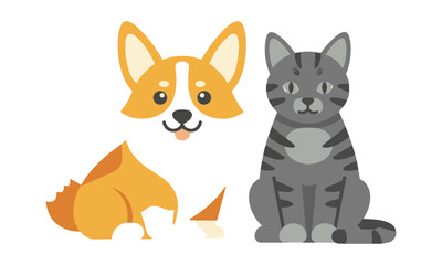 Fototapeta premium Friendly corgi dog and grey tabby cat sitting together in a simple graphic style isolated on white friendship and companionship concept