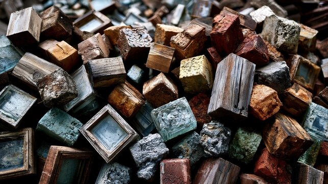 A pile of discarded wooden blocks and vintage glass tiles