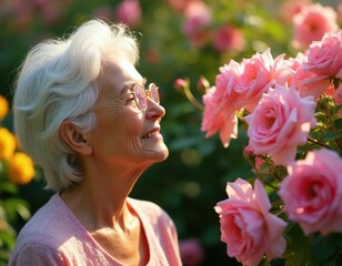 Fototapeta premium Elderly woman with white hair smiles smelling pink roses in a sunlit garden. She enjoys nature and flowers in her leisure time. Lady loves roses. Retirement hobby.