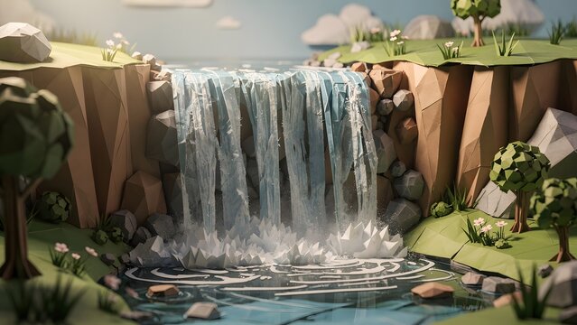 Low Poly Waterfall Landscape Featuring Stylized Geometric Cliffs and Flowing Water in a Digital 3D Environment