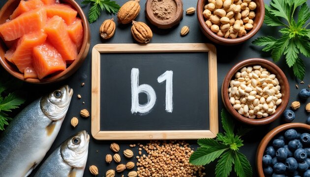 Salmon fish, nuts, beans, blueberries, and sunflower seeds are arranged near a blackboard showing B1. Foods rich in thiamine and essential nutrients for health are displayed.