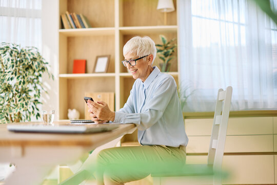 Portrait of a mature senior woman or a  businesswoman working from home having a meeting online, home office, or a student learning, or mature woman having a phone call, holding a mobile phone, smartp