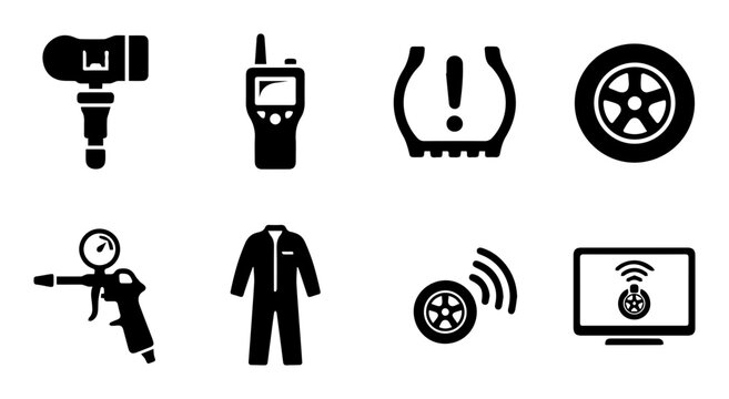 Automotive Tire Service Icons: Pressure Gauge, Radio, Flat Tire, Wheel, Jumpsuit, Sensor, Monitor