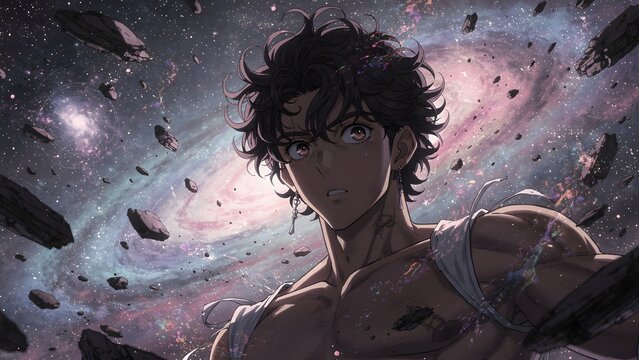 Muscular Anime Male Character Floating in a Cosmic Galaxy with Floating Space Debris and Stars