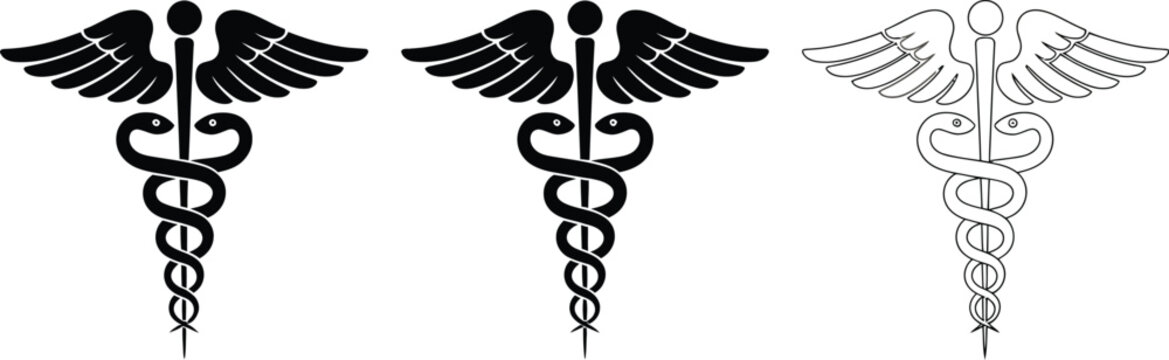 Medical caduceus icons, snake staff with wings, healthcare symbols, hospital, pharmacy, medicine, emergency services and wellness emblems globally