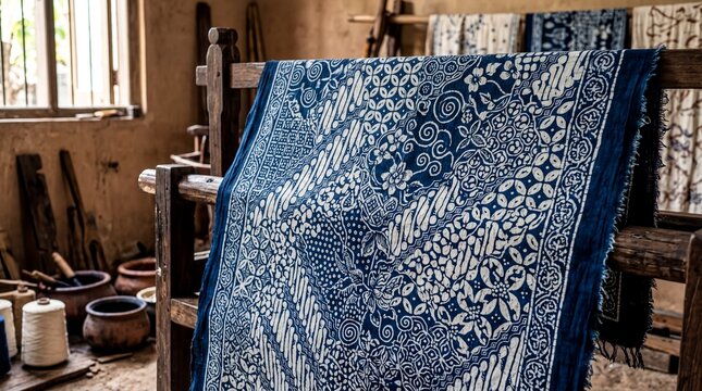 traditional textile patterns, rich indigo batik fabric adorned with intricate wax-resist patterns