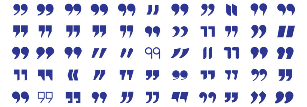 Set of quote mark icons isolated on white background. Quotation marks . Set of blue quote mark, quotes icon, sign, symbol, emblem. Ditto marks icon set. Quotation marks. Dialogue discussion symbol.