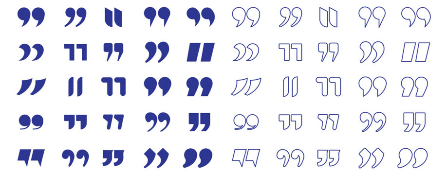 Set of quote mark icons isolated on white background. Quotation marks . Set of blue quote mark, quotes icon, sign, symbol, emblem. Ditto marks icon set. Quotation marks. Dialogue discussion symbol.