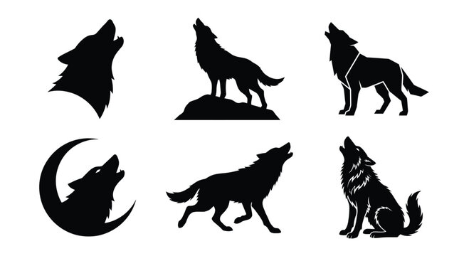 Set of black wolf silhouettes howling at the moon and running in different poses