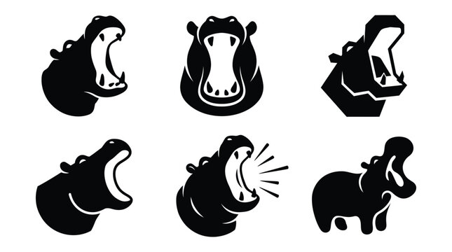 Set of black silhouette hippo head icons with open mouths in various poses