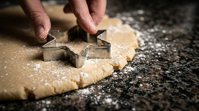 Hands using a star-shaped cookie cutter to shape raw dough on a floured surface, preparing for baking.