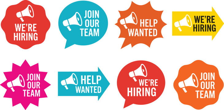 Collection of recruitment badge designs with megaphone and hiring slogans for corporate human resources needs.