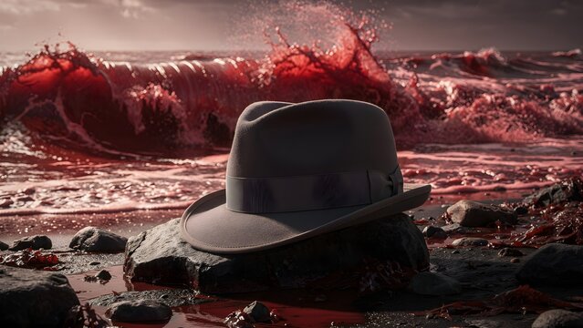 Cinematic Fedora Hat Resting on Rocky Beach Shore with Eerie Red Ocean Waves and Dramatic Atmosphere