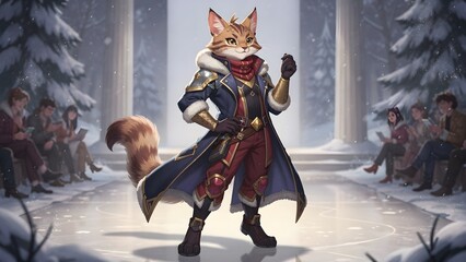 Anthropomorphic Cat Adventurer Standing Proud in a Magical Snowy Forest Setting with Onlookers © Ethan