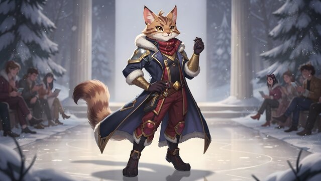 Anthropomorphic Cat Adventurer Standing Proud in a Magical Snowy Forest Setting with Onlookers