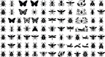 Insect silhouette vector set featuring beetle butterfly spider bee dragonfly grasshopper bug icons isolated on white background ©  Jahangir