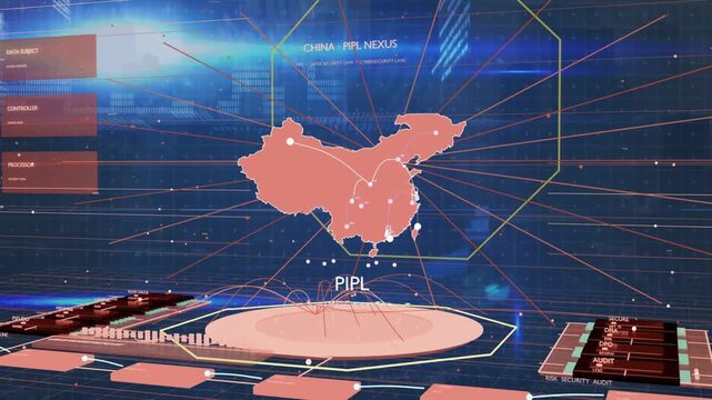Map of China appearing in frame, nodes pulsing, arcs connecting platform, visualizing PIPL flow