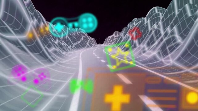 Scene starting, winding two-lane road moving, wireframe hills, icons sliding, creating travel feel