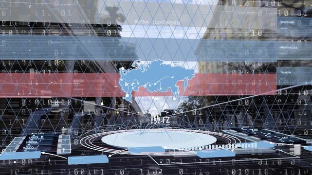 On ping HUD over city animating nodes fading 152-FZ sliding bars shifting opacity tracking nodes