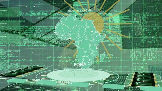 Holographic Africa map rising after platform pulse, projecting guides and markers to show POPIA