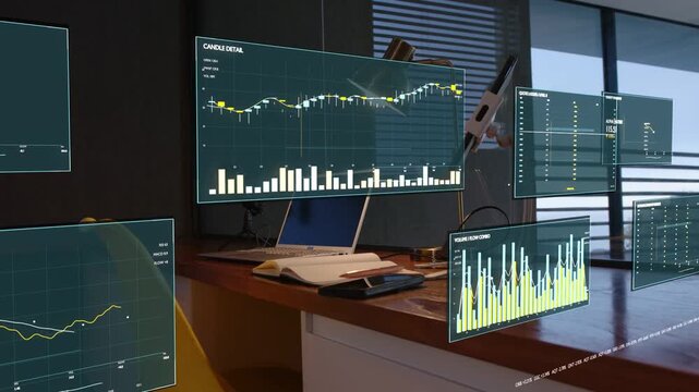 Holographic panels appearing, shifting and updating while camera panning right, showing live trends