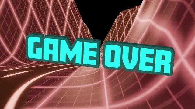 Neon canyon opening road winding, cyan GAME OVER flying tilting revealing polygon, showing game end
