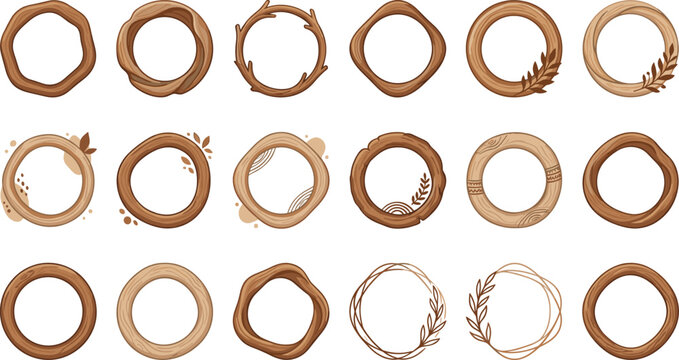 Wooden circle frame vector set featuring rustic tree branch borders boho botanical wreaths labels isolated on white background