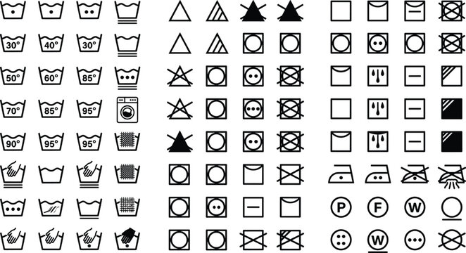 Laundry care instructions vector icon set featuring washing machine drying ironing bleaching fabric symbols isolated on white background