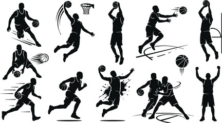 Basketball player silhouette vector set featuring slam dunks dribbling shooting actions and game poses isolated on white background © Md
